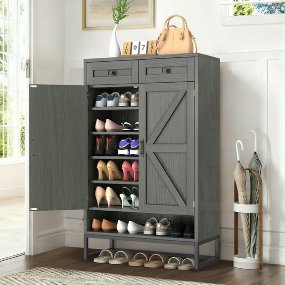 BTY Wooden Shoe Cabinet with 2 Top Drawers & Barn Door, Sturdy Entryway Shoe Rack Organizer for Hallway Bedroom Closet Living Room Gray