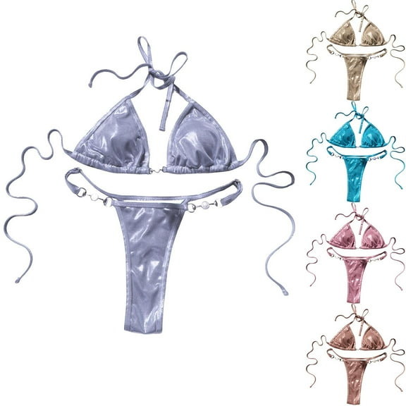 UTSJKR Women's Bikini Swimsuits 2 Piece Sexy Cheeky Bathing Suit Halter String Triangle Swimwear High Cut Bikini Sets Gold M