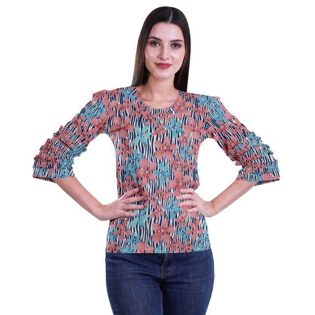 Moomaya Blouses pour Femmes Hauts Mode Imprimé Manches Évasées Robe Vêtements Décontractés