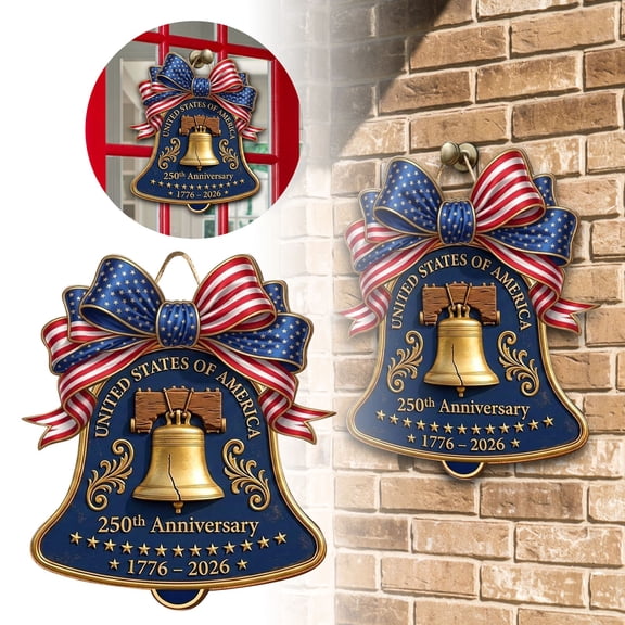 Patriotic Wooden Bell Ornament 250th Anniversary Door Hanger with USA Flag Bow Design Weatherproof Outdoor Wall Decoration for 2026 Independence Day Home Porch and Party