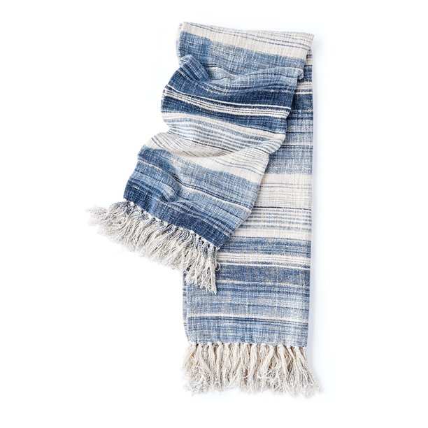 60" Blue and White Patterned Fringed Woven Throw