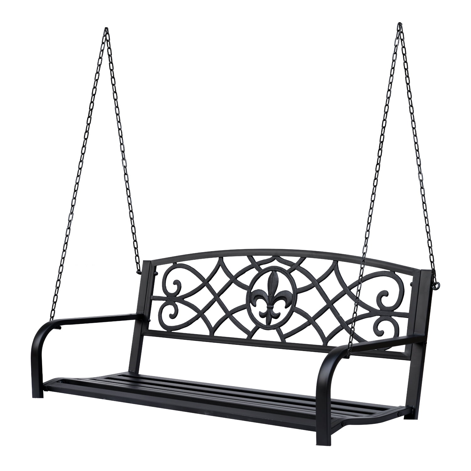 Black BCP Outdoor Metal Hanging 2-Person Swing Bench w/ Fleur-de-Lis Accents 