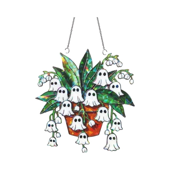 8'' Halloween Ghost Plant Sun Catcher Decor Indoor, Stained Glass Window Hanging, Halloween Themed Suncatchers Decorations for Windows Hanging Ornaments, Window Decor, Holiday Present