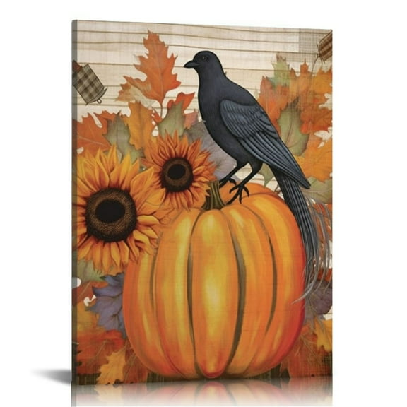 JRXY Fall Autumn Pumpkin Harvest Bird Sunflowers Framed Canvas Wall Art Decor for Living Room Bedroom Farmhouse, Autumn Sunflower Print Painting Artwork Home Wall Decoration 12x16 in