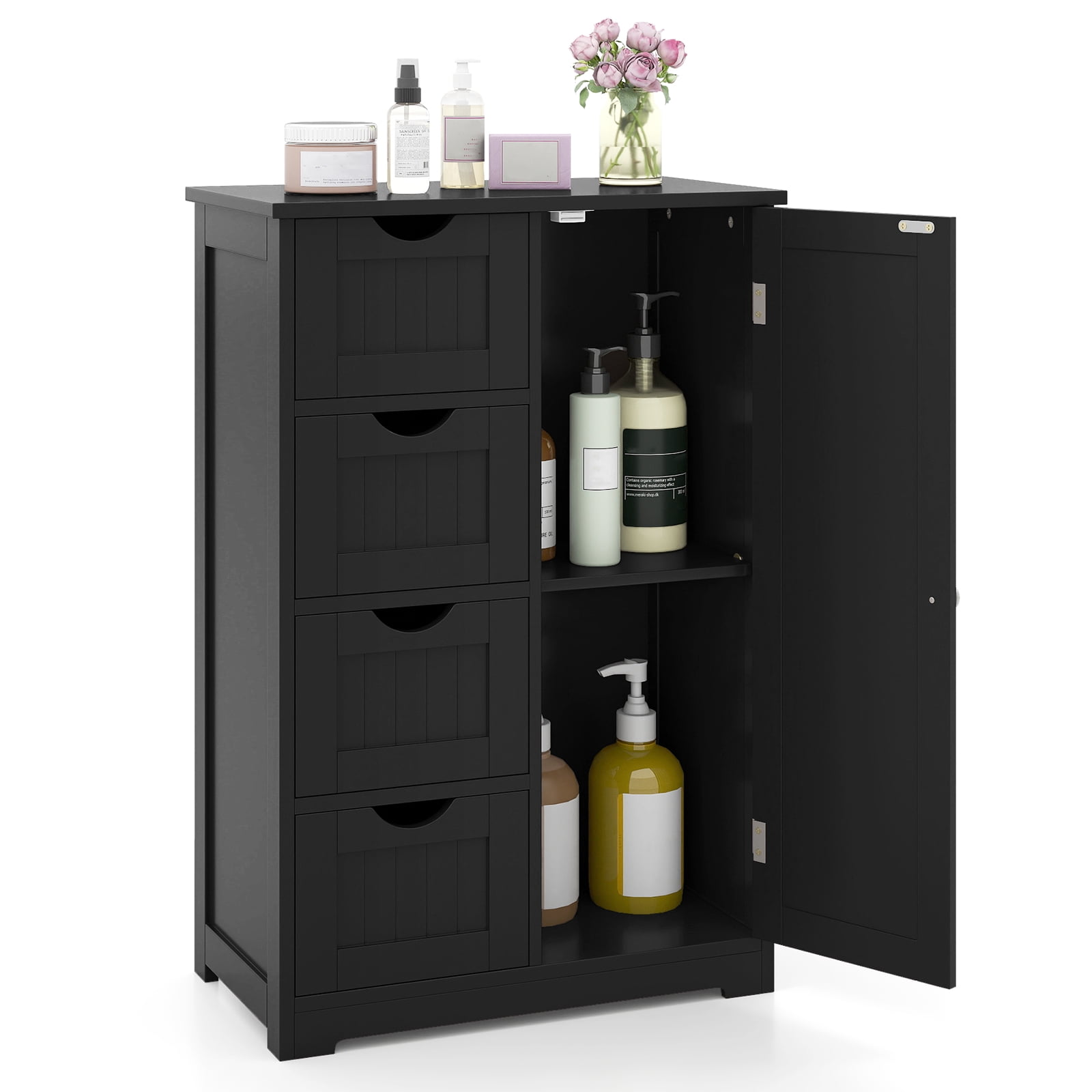 Costway Bathroom Floor Cabinet, Gray Wooden 4 Drawer Cupboard