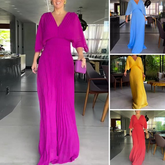 Joernso Women Evening Dress Dolman Sleeves Pleated V Neck Pure Color High Slim Waist Full Length Party Prom Maxi Dress