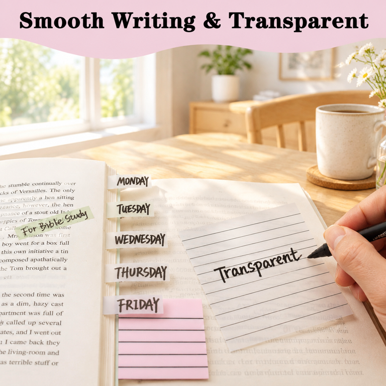 Light Pink Lined Transparent Sticky Notes Set with Dual-Tip Marker and ...