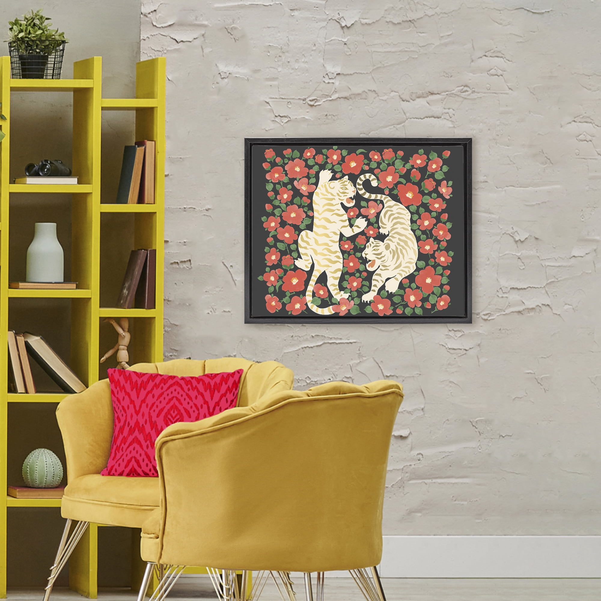 Stupell Industries Ivory Twin Tigers Among Flowers Black Framed Floater Canvas Wall Art, design by Karolina Sato