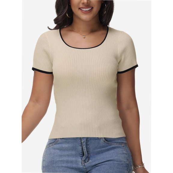 Women Summer Short Sleeve Shirts Crewneck Striped Color Block T Shirts Slim Fit Basic Tee Tops