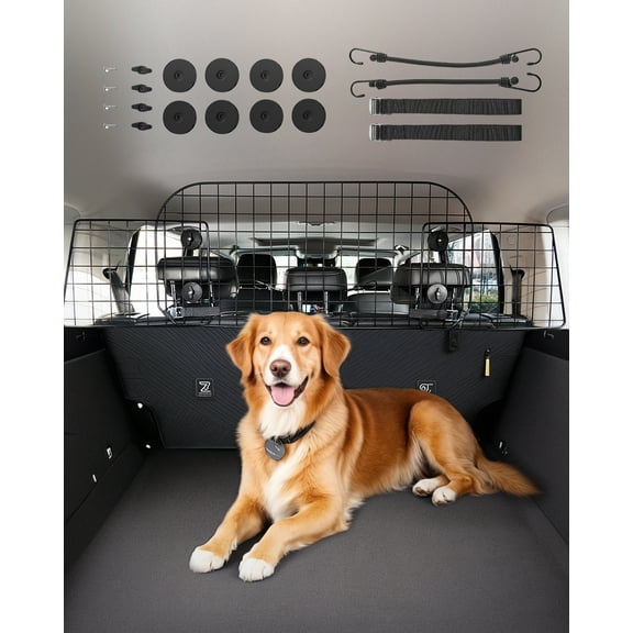 VEVOR Dog Car Barrier, 38in.-66.3in. Adjustable Car Divider for Trunk Cargo Area, Universal-Fit Back Seat Heavy-Duty Wire Mesh Dogs Separator Guard Net, Vehicle Pet Barrier for Sedans, Trucks