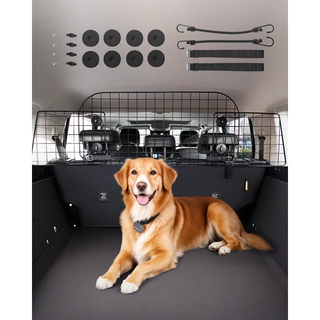VEVOR Dog Car Barrier 38"-66.3" Adjustable Pet Divider Gate installed in the trunk of a vehicle, featuring a sturdy steel frame with a fine mesh design. A golden retriever is seated in the cargo area, demonstrating the barrier's effectiveness in keeping pets secure. The barrier is attached to the rear seat headrests using nylon straps and circular locks, with additional elastic cords for stability. Accessories such as straps, locks, and screws are displayed above the barrier.