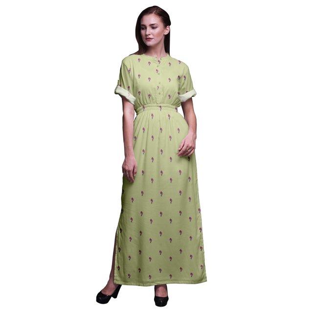 Bimba Rayon Leaves Block Printed Gown Kimono Sleeves Summer Long Maxi SlitDress-XSmall