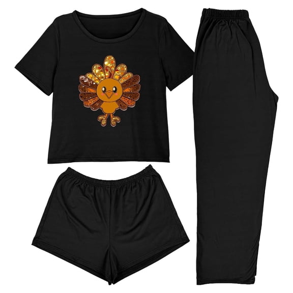 Levmjia Womens 3 Piece Pajama Set Short Sleeve Top With Pants and Shorts Thanksgiving Soft Sleepwear Casual Home Comfort Relaxing Nightwear Daily Wear