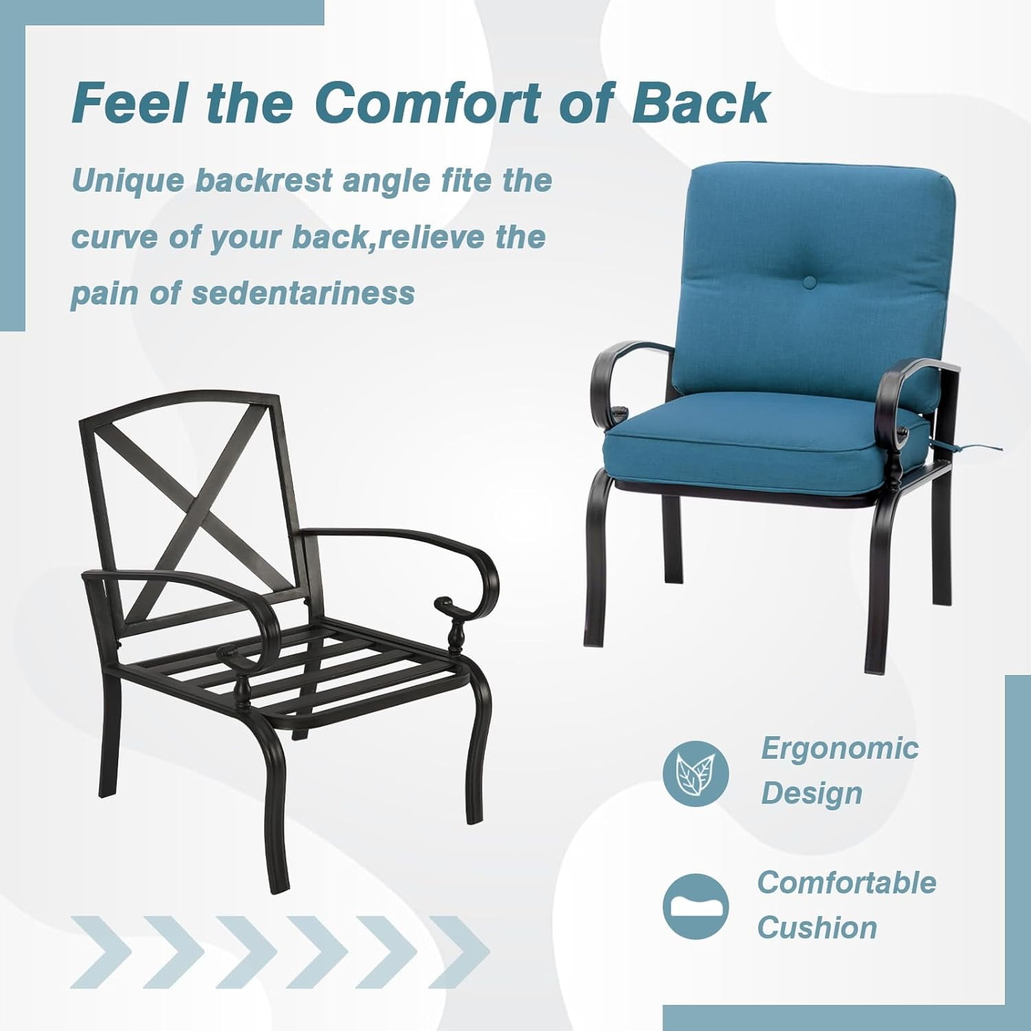 SOLAURA Outdoor Patio Metal Dining Chairs Set of 2 with Peacock Blue Cushions