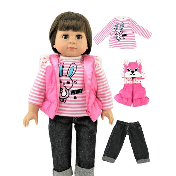 Pink Polka Dot Bunny Puffer Vest with Striped Sweater Outfit | Fits 18" American Girl Dolls, Madame Alexander, Our Generation, etc. | 18 Inch Doll Clothes