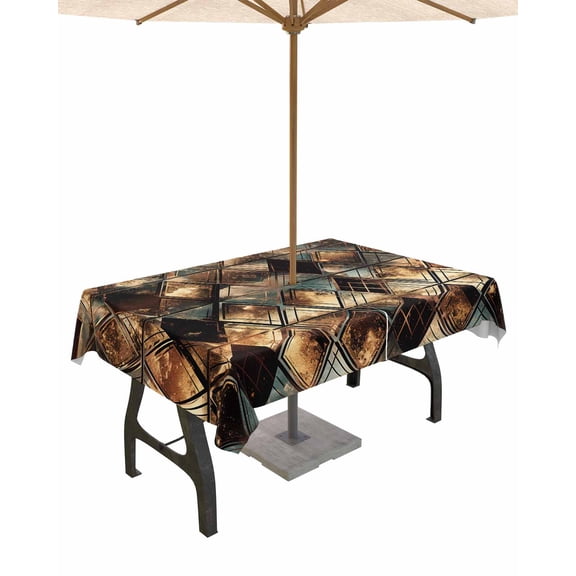 Fsddascl Brown Teal Geometric Outdoor Tablecloth - 60x84 Inch Rectangle Dining Table Cover, Retro Modern Plaid Abstract Art Waterproof Outdoor Table Cloth with Umbrella Hole & Zipper for Patio