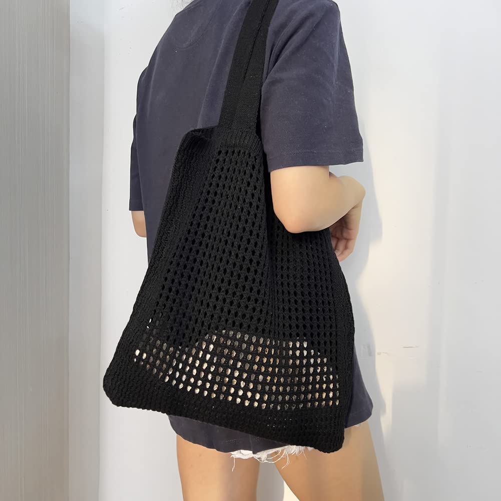 CoCopeaunt Crochet Bags for Women Knitted Tote Bag Faircore Hobo Bag Aesthetic Fairy Grunge Tote Bag Hollow Shoulder Handbags