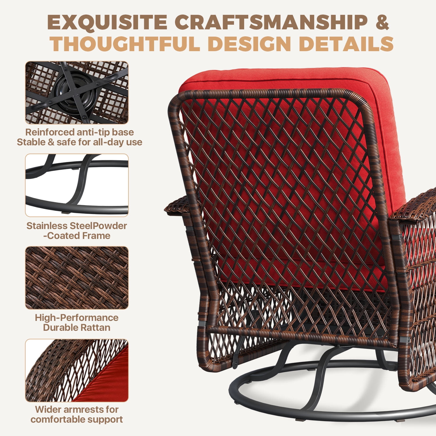 BaPiPro 6-Piece Outdoor Swivel Rocker Wicker Patio Furniture Set, All-Weather Resistant Brown Rattan Conversation Set with Wine Red Cushions & Tempered Glass Side Tables for Porch, Deck, Backyard