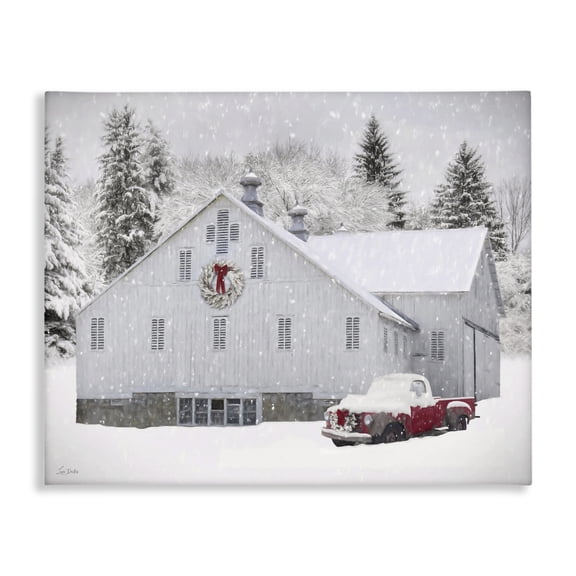 Stupell Industries Red Truck & Snowy Farmhouse Landscape & Nature Painting Wrapped Canvas Canvas Art Print Wall Art, 20 x 16