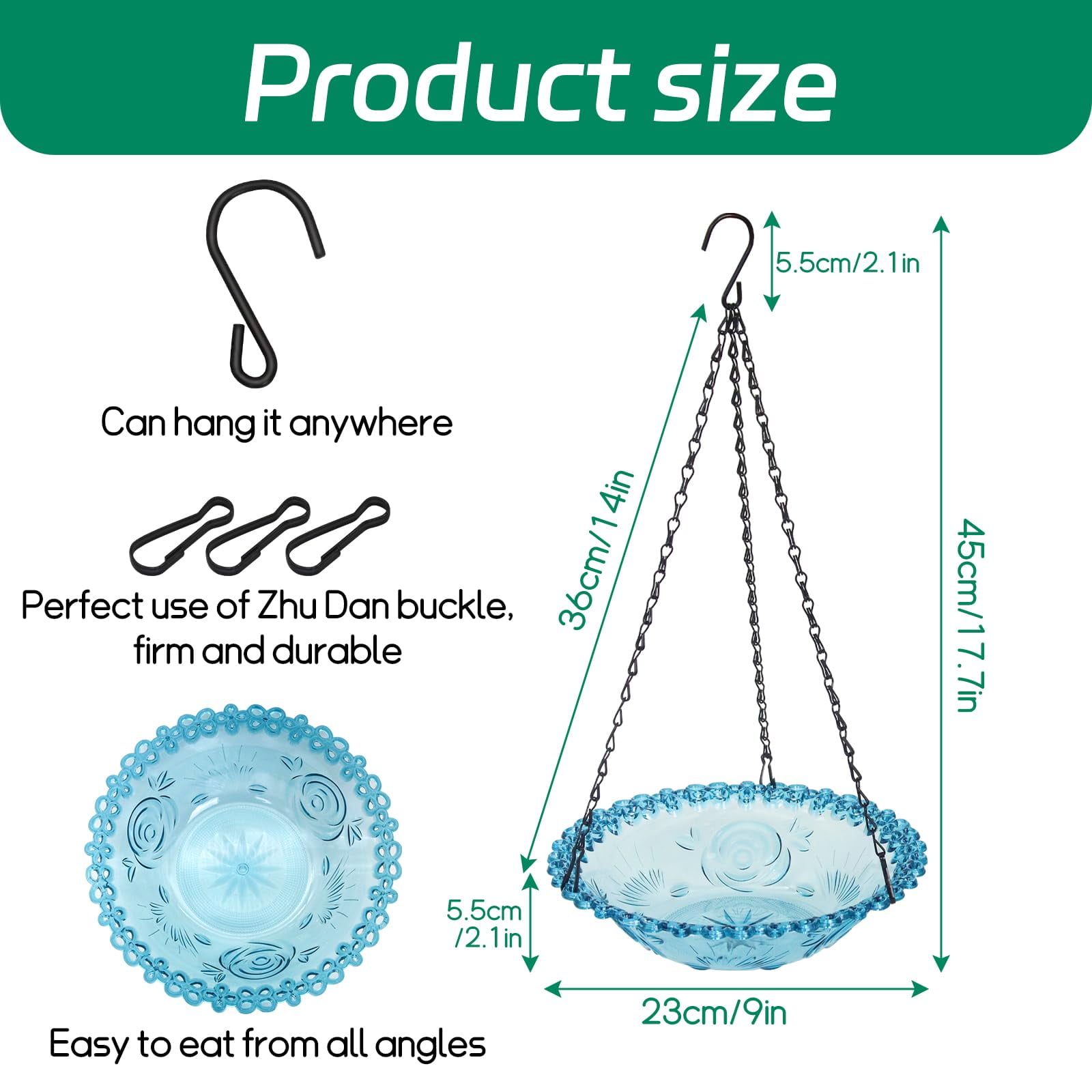 Hanging Glass Bird Bath - Outdoor Drinking Feeder for Hummingbirds and Wild Birds - Water Bowl for Garden, Yard, Patio Decor, Blue single layer