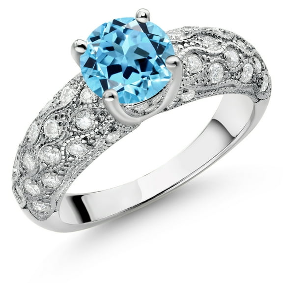 Gem Stone King 925 Sterling Silver Swiss Blue Topaz and White Moissanite Engagement Ring for Women (1.99 Cttw, Round 7MM, Gemstone November Birthstone, Size 7)