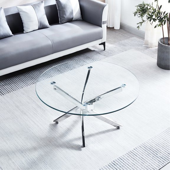 Stylish 35.4" Round Tempered Glass Coffee Table With Metal Modern Diameter Legs