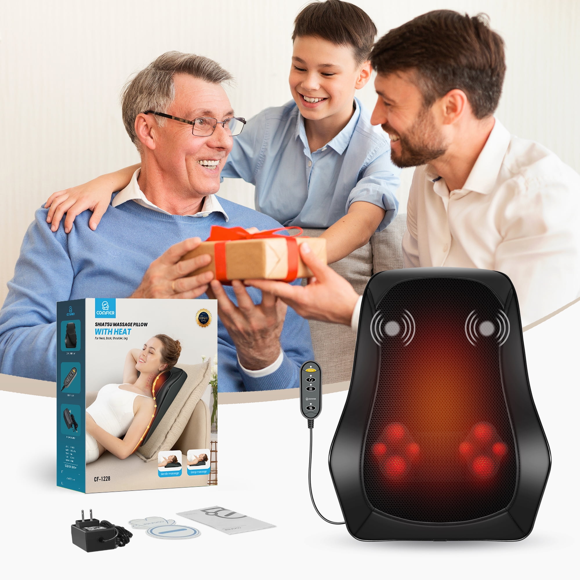 Comfier Shiatsu Neck Shoulder & Back Massager with Heat, 8 Kneading Nodes, Portable Massage Pillow