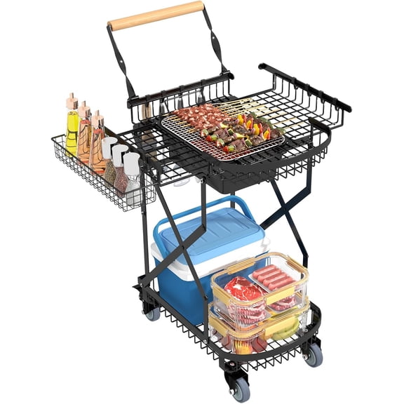 Foldable Charcoal Grill Cart with Rolling Wheels & Storage, Instant Fold Portable BBQ Trolley for Outdoor Barbecue, Travel, Camping, Picnics, Party, Backyard