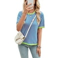 thumbnail image 3 of Womens Tops Casual Summer Crewneck Short Sleeve Striped Color Block Knit High Low Trendy Pullover Sweaters Pink Green XXL, 3 of 9