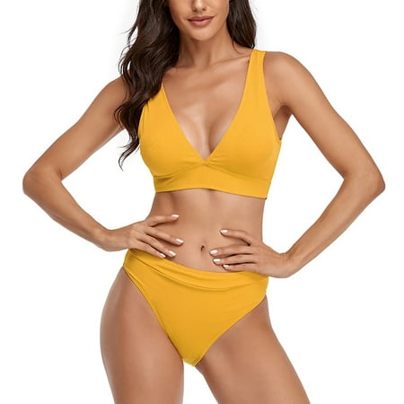 EQWLJWE Womens High Waisted Thong Bikini Sets Sexy Brazilian Triangle Top Deep V Neck Two Piece Swimsuit Bathing Suits
