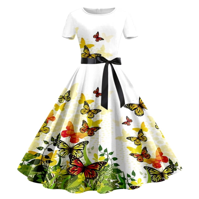 WILLBEST Robe de Soirée Femme Imprimée Col Rond Manches Courtes Années 1950 Soirée Bal