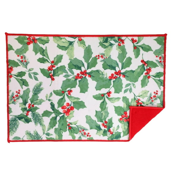 2 Piece Christmas Winter Holiday Holly Dish Drying Mats 12x18-in, Multi-Colored