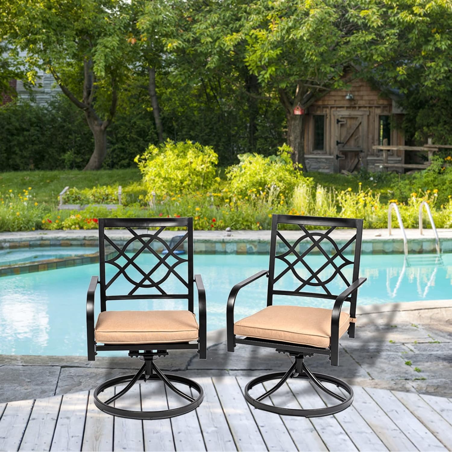 SOLAURA Patio Metal Swivel Chairs Outdoor Dining Chairs Set of 2 with Brown Cushion