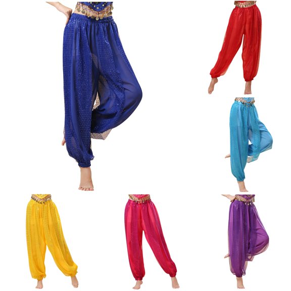 ANINEO Women Sequin Pants Belly Dance Performance Dance Pants Chiffon Highlight Pants Stylish Ladies Solid Color Summer Trousers