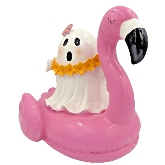 Ghost Figurine on Pink Flamingo Float Summer Halloween Decor Resin 9.84" Summer Halloween Deocrations