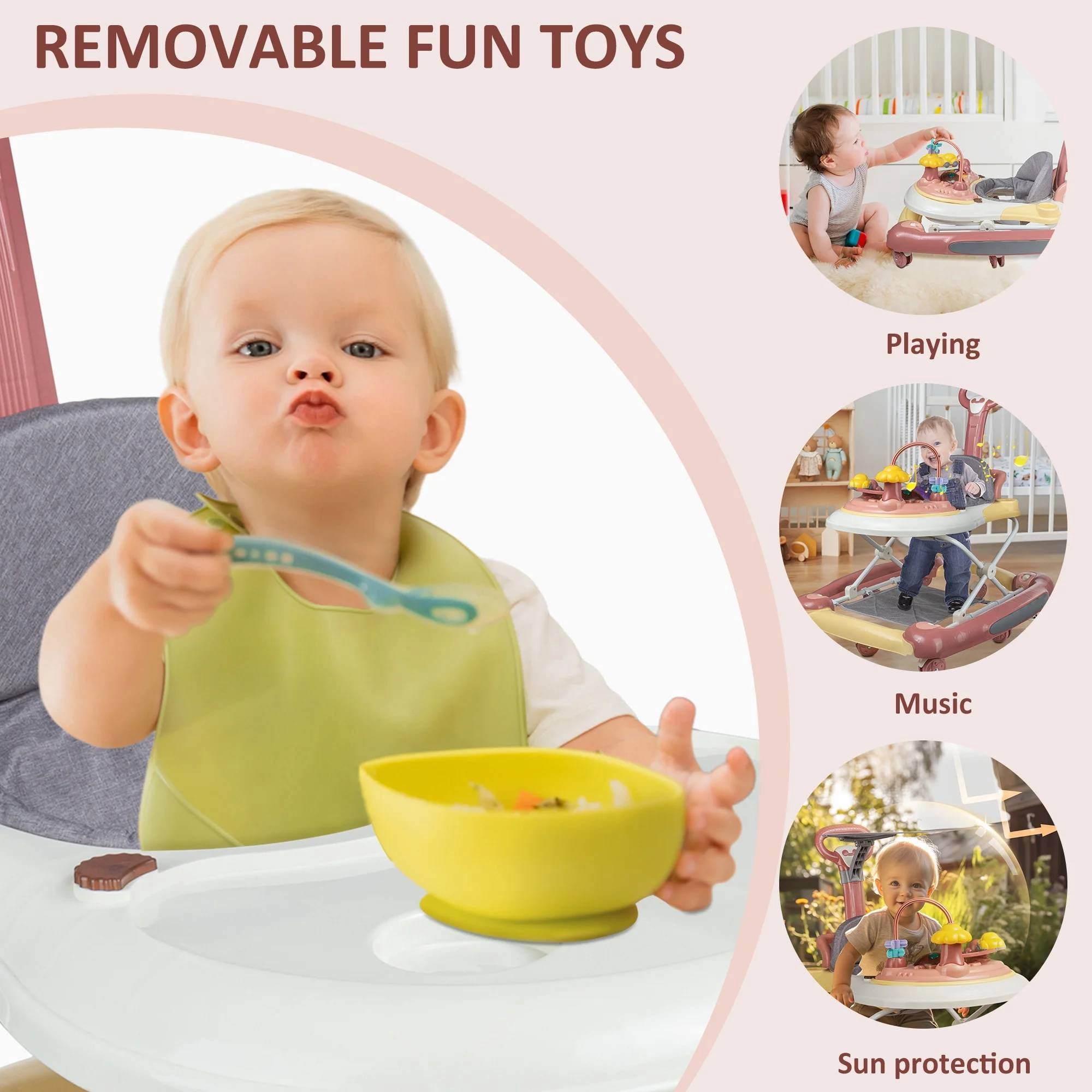 ManyFun 5-in-1 Baby Walker, Musical Activity Push Walker with Detachable Awning Footrest, Adjustable Height, Pink