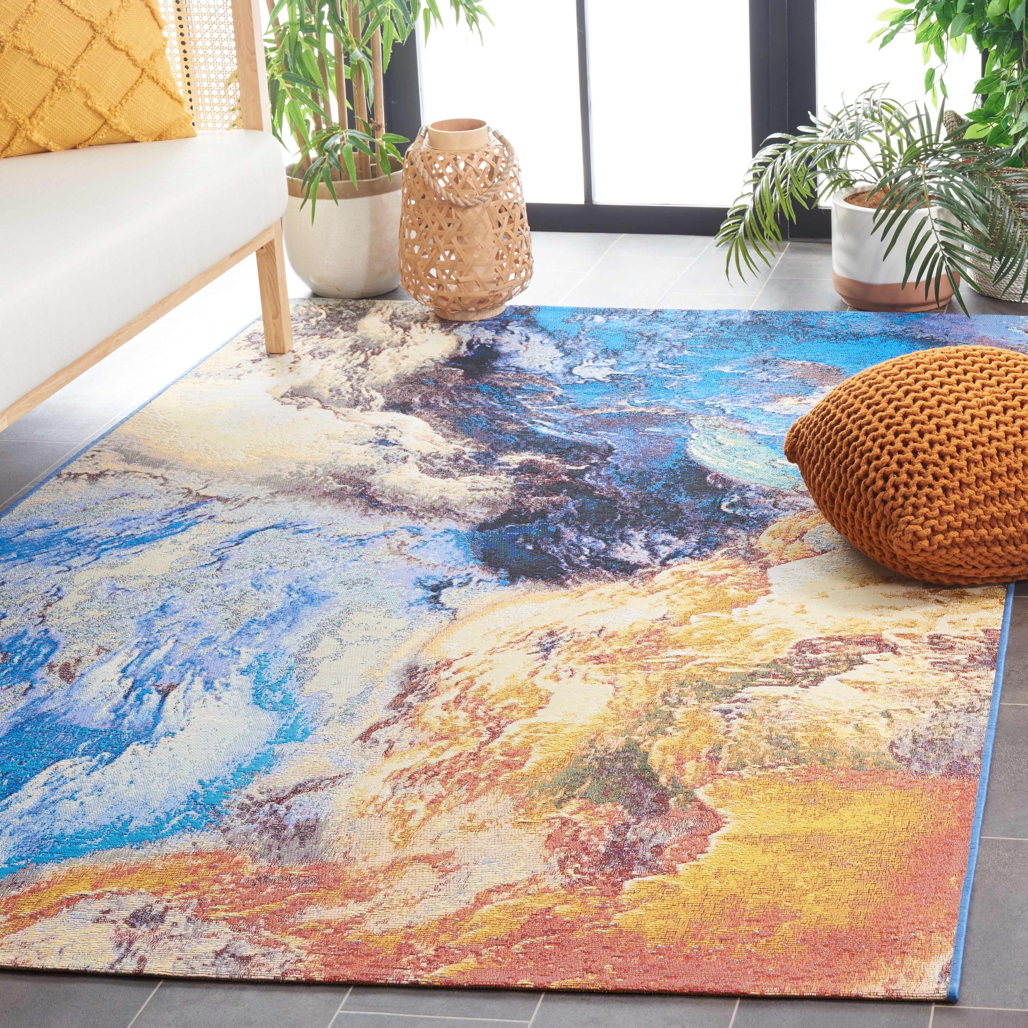 SAFAVIEH Barbados Creighton Abstract Indoor/Outdoor Area Rug, Blue/Rust Gold, 8' x 10'5"
