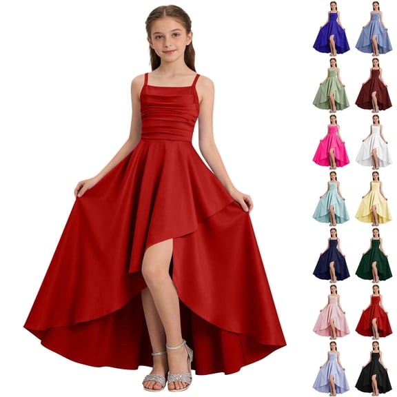 AHTJRT Bridesmaid Dresses for Girls Ruffle Slit Satin Silk Flower Dress Sleeveless Spaghetti Straps Party Maxi Dresses White 16-17 Years