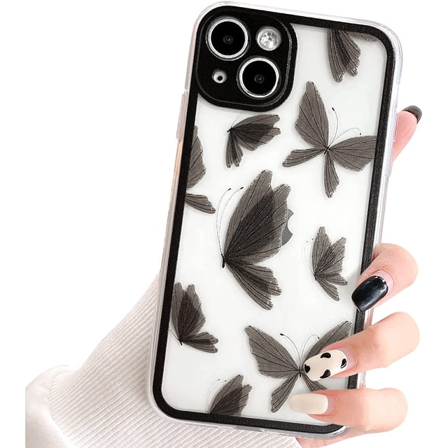 Compatible con iPhone 14 Funda transparente con diseño de mariposas para mujeres y niñas, suave TPU a prueba de golpes, protectora para iPhone 14 - Mariposa negra