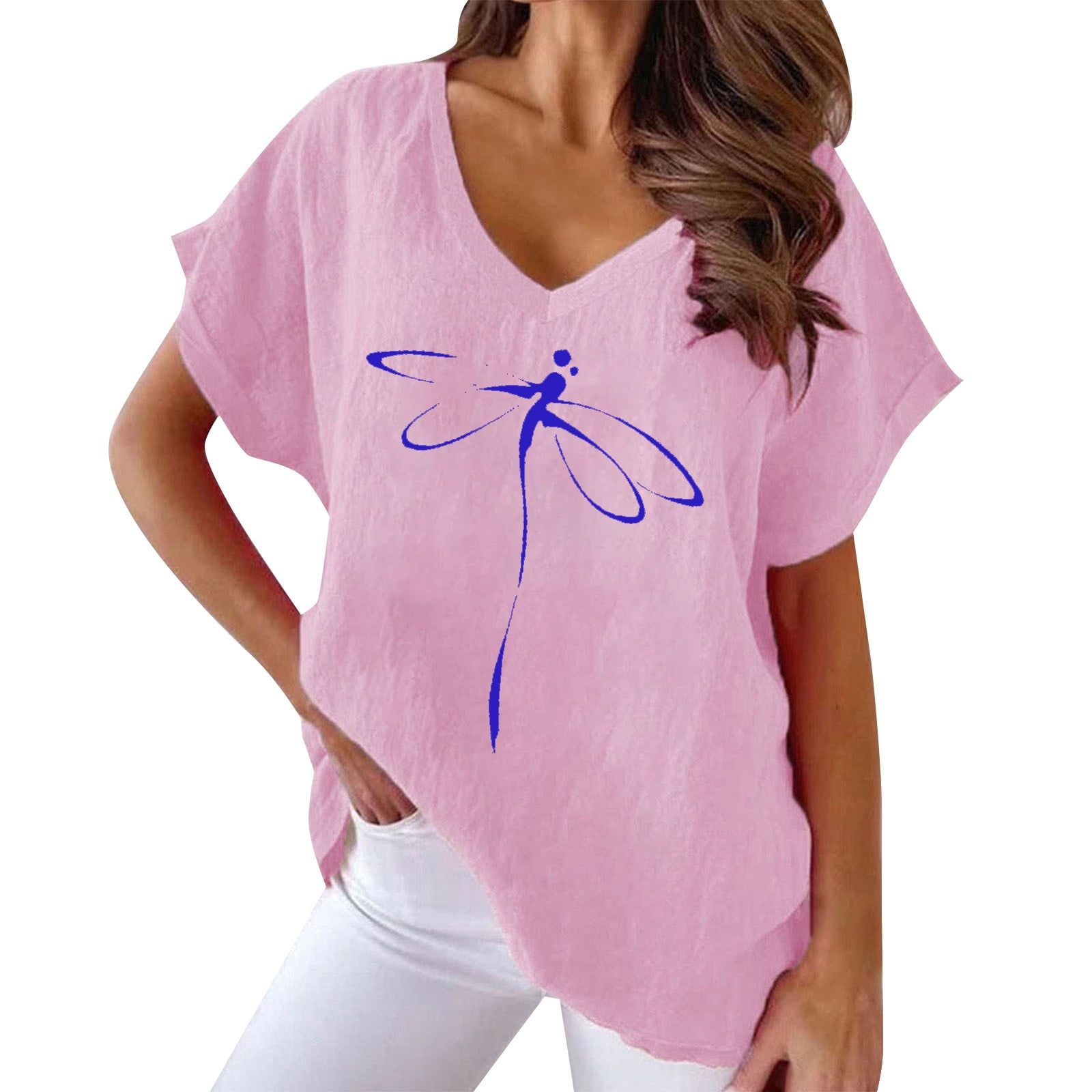 TSADFHJI T-Shirt pour Femmes Coton Manches Courtes Imprimé Animal Col en V Ample Décontracté T-Shirt S Rouge