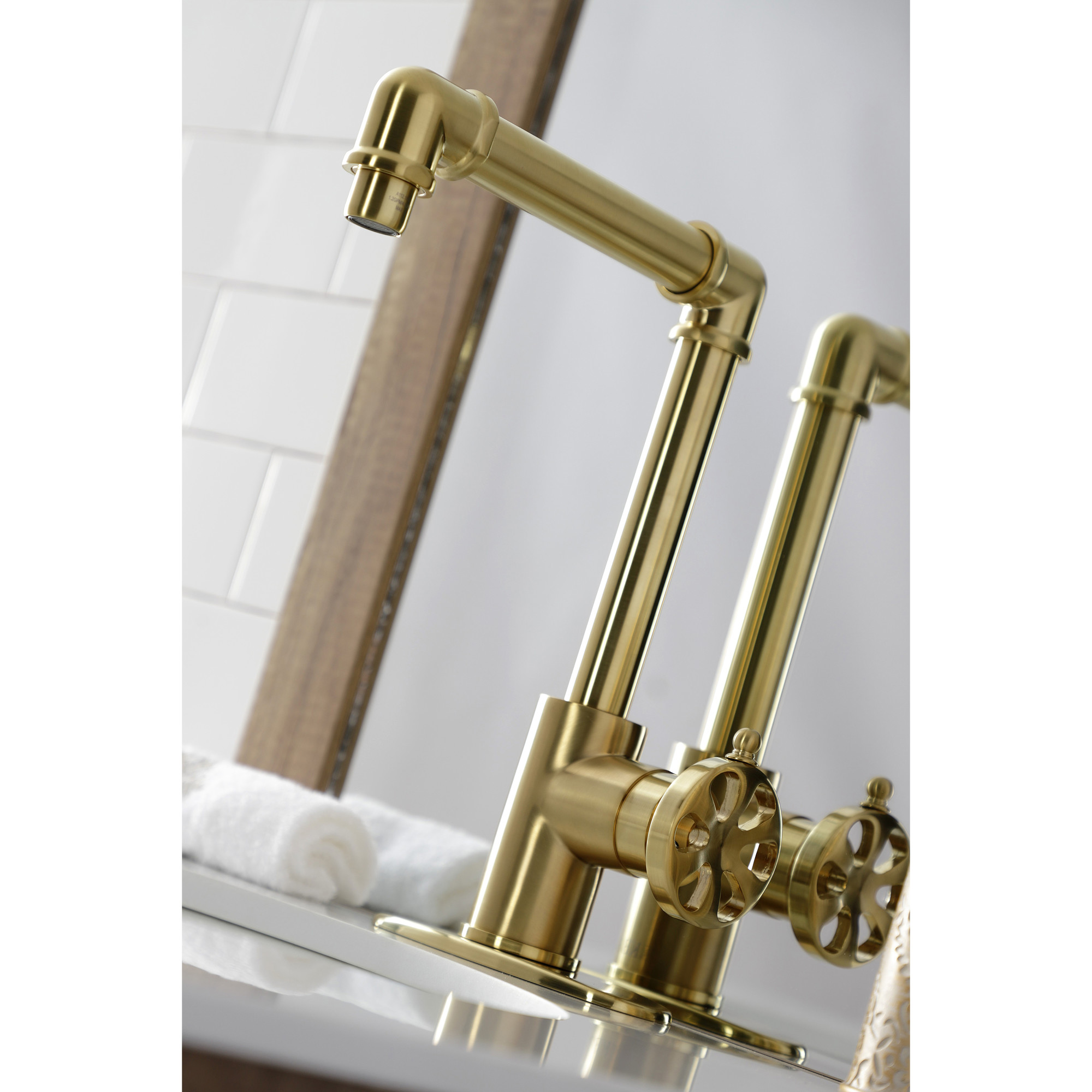 Kingston Brass KSD144RXBB Belknap One-Handle Single-Hole Bathroom Faucet with Deck Plate and Push Pop-Up Drain, Brushed Brass