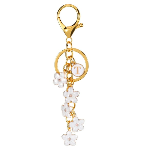 Uxcell Initial Letter Flower Keychain, Alphabet T Enamel Charm Flower Keyring, White