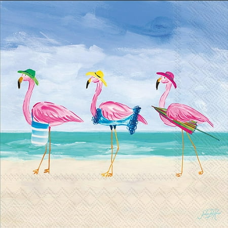 IHR Ideal Home Range Cocktail Napkins Disposable 3-Ply Paper Party Napkin Pack, 5" x 5", Beach Flamingos, 20-Count