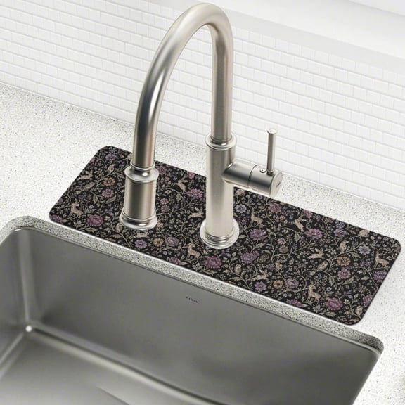 Yayeee Faucet Mat for Kitchen Sink 14.7" Diatomite Long Splash Guard Pad, Floral Forest Pattern