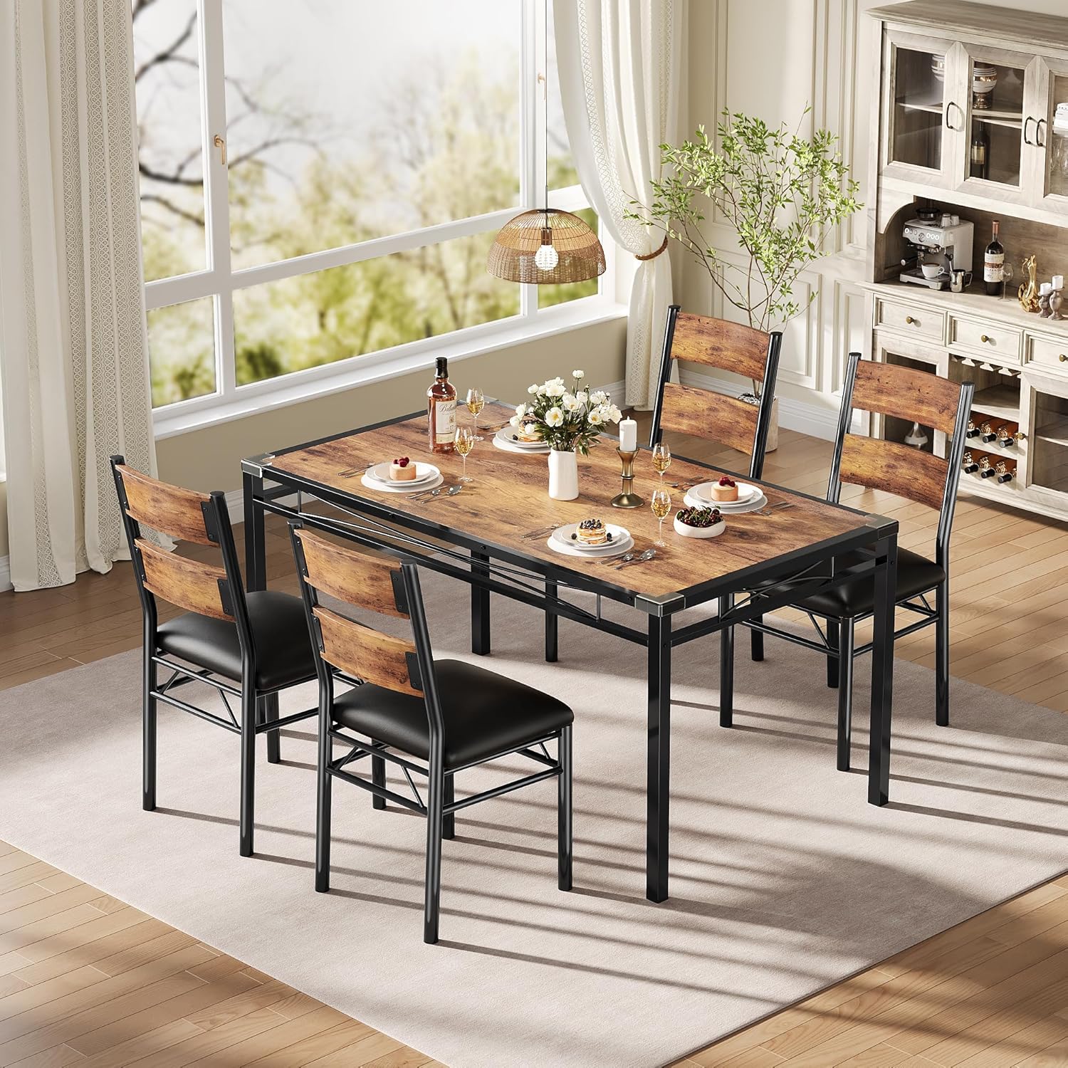 Garvee 5-Piece Dining Set for 4 with Table and 4 Upholstered Chairs, Includes Corner Protector for Small Spaces, Apartment, and Dining Room