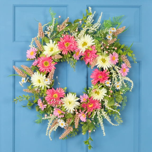 Northlight Gerbera Daisy and Statice Floral Spring Wreath - 23" - Pink/White