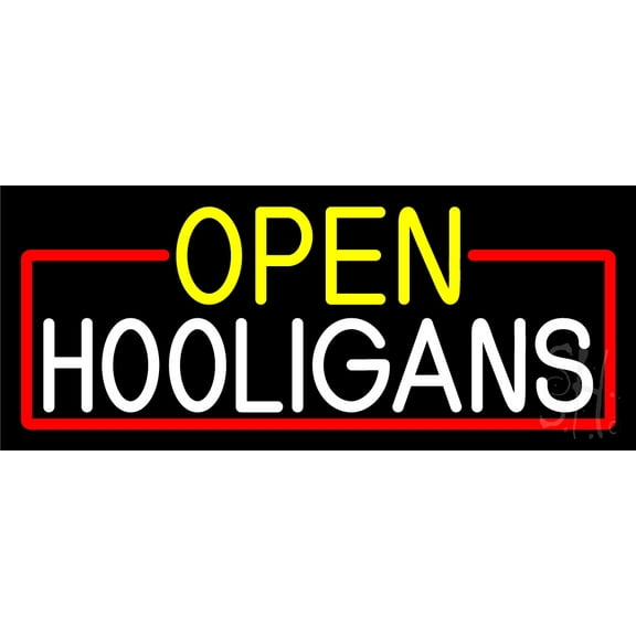 Open Hooligans With Red Border LED Neon Sign 10 x 24 - inches, Clear Edge Cut Acrylic Backing, with Dimmer - Bright and Premium built indoor LED Neon Sign for Bar decor.