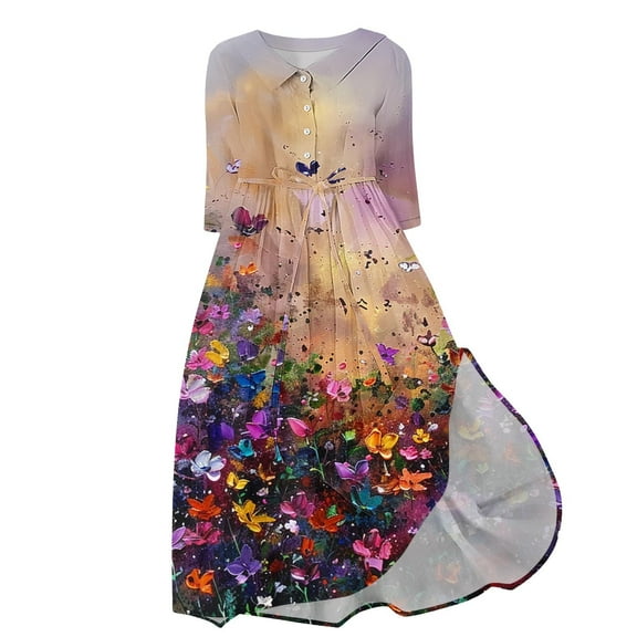 BangWanChi Casual Dresses for Women Dresses for Women Long Dresses for Women Women's Casual Floral Loose Pleated Shirt Dress