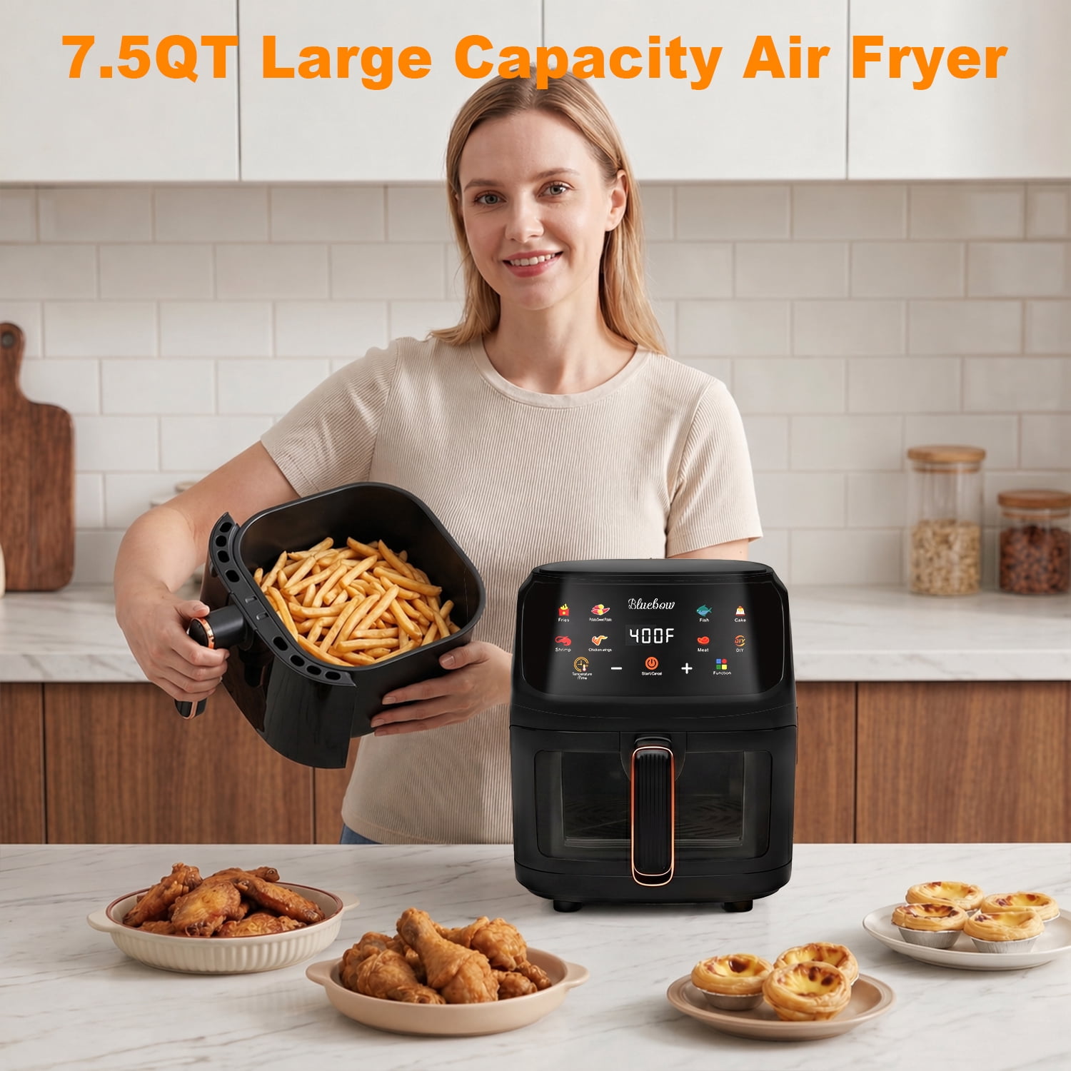 Bluebow Air Fryer, 7.5 Quart Large Capacity, 8-in-1 Multifunctional Cooker with Digital Touchscreen, Easy-View Window, Non-Stick Basket, Black