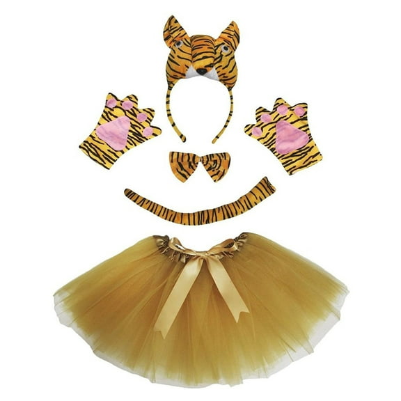 Petitebelle Cutie Tiger Headband Bowtie Tail Gloves Tutu 5pc Costume (Orange, 5-10 Years)